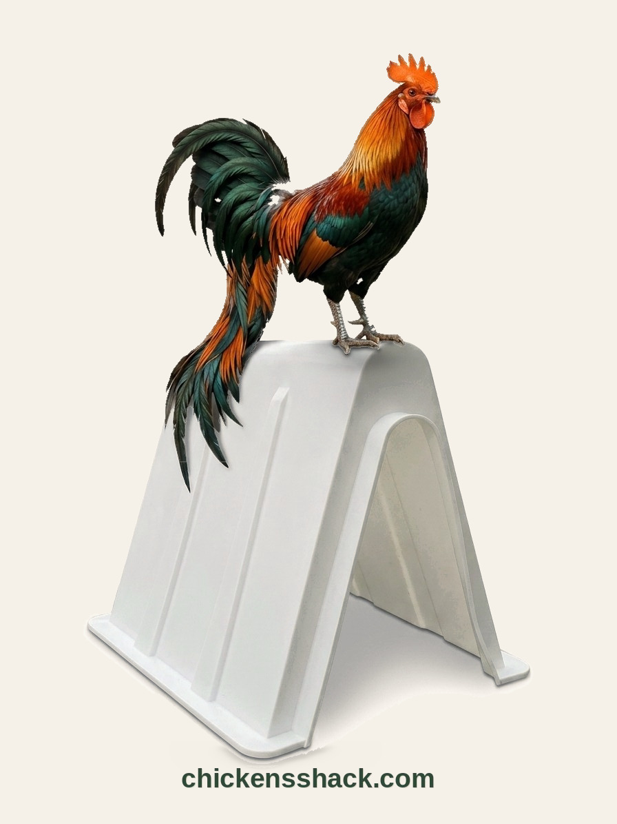 Chicken's Shack — rooster on the one-piece A-frame coop
