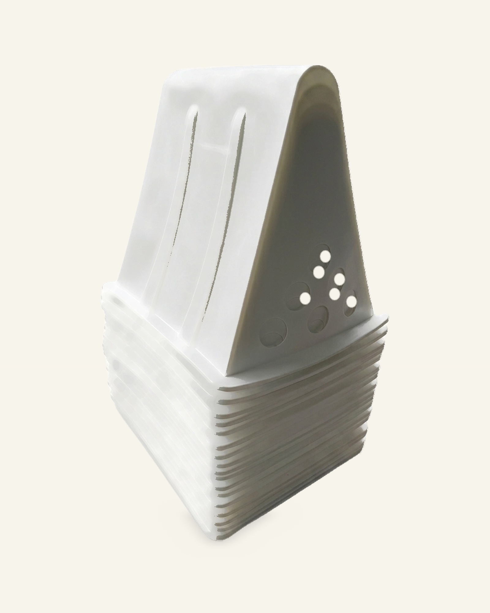 Studio stack of nested A-frame shells, vent end with six holes