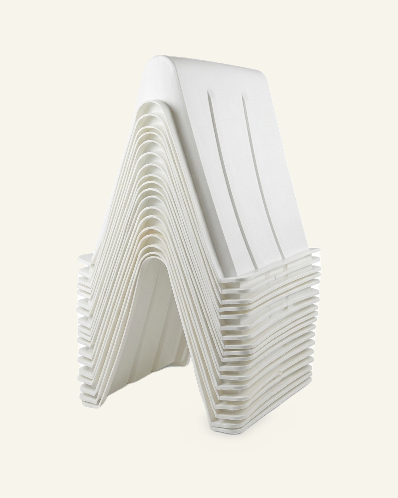 Studio stack of nested A-frame shells, open three-quarter
